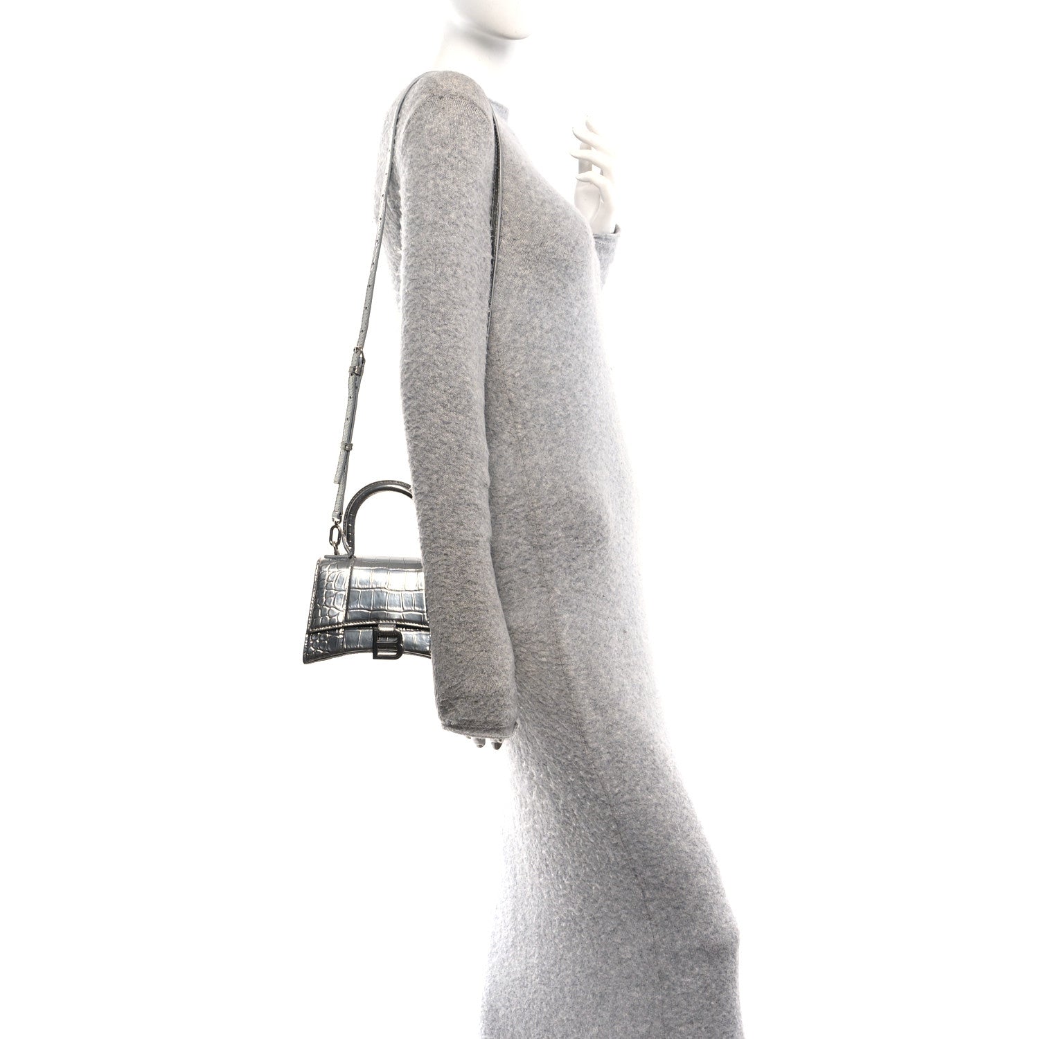 Balenciaga Metallic Calfskin Crocodile Embossed Hourglass Top Handle Bag XS Silver 2 of 11