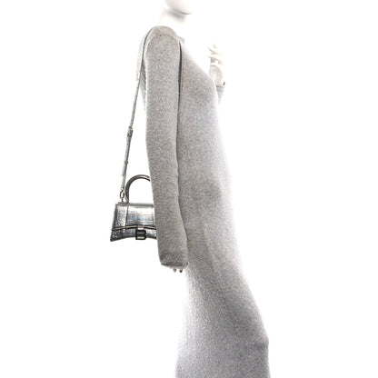 Balenciaga Metallic Calfskin Crocodile Embossed Hourglass Top Handle Bag XS Silver 2 of 11