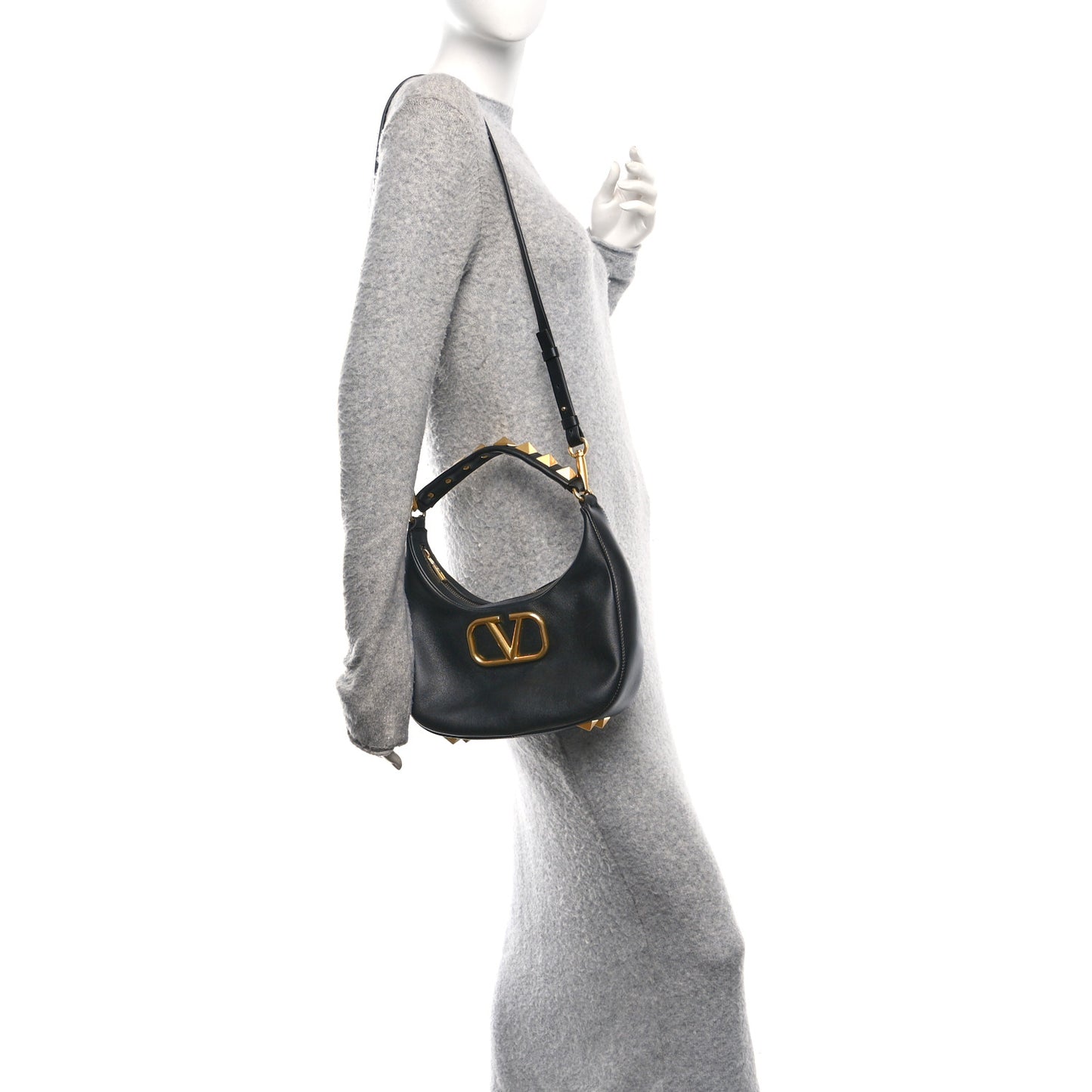 Calfskin Stud Sign Zip Hobo Black