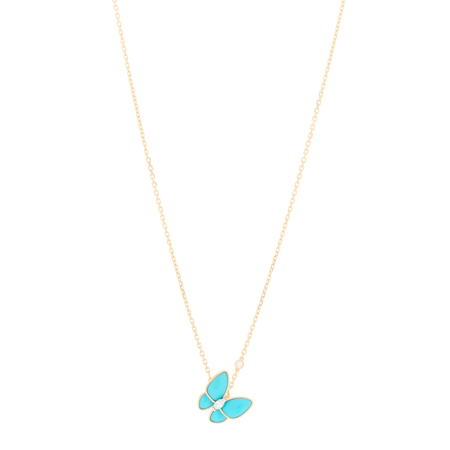 18K Yellow Gold Diamond Turquoise Two Butterfly Pendant Necklace