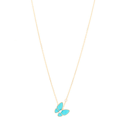 Van Cleef & Arpels 18K Yellow Gold Diamond Turquoise Two Butterfly Pendant Necklace 1 of 4