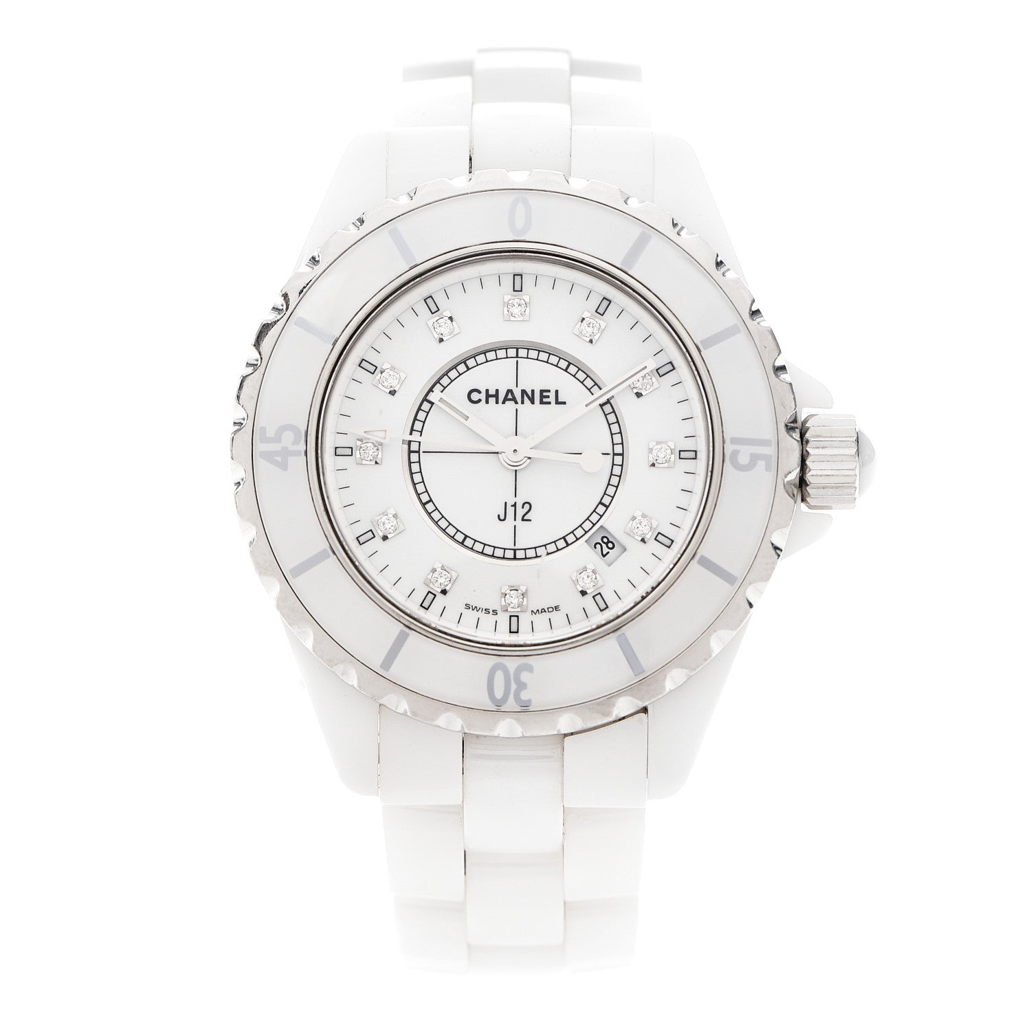 Chanel Stainless Steel Ceramic Diamond 33mm J12 Quartz Watch White 1 of 6