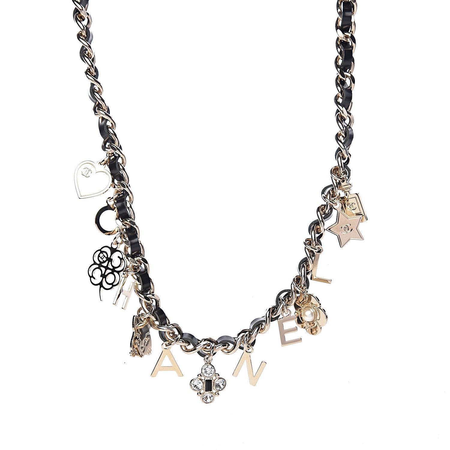 Chanel Glazed Calfskin Crystal Pearl Charm Short Necklace Black Gold 1 of 6