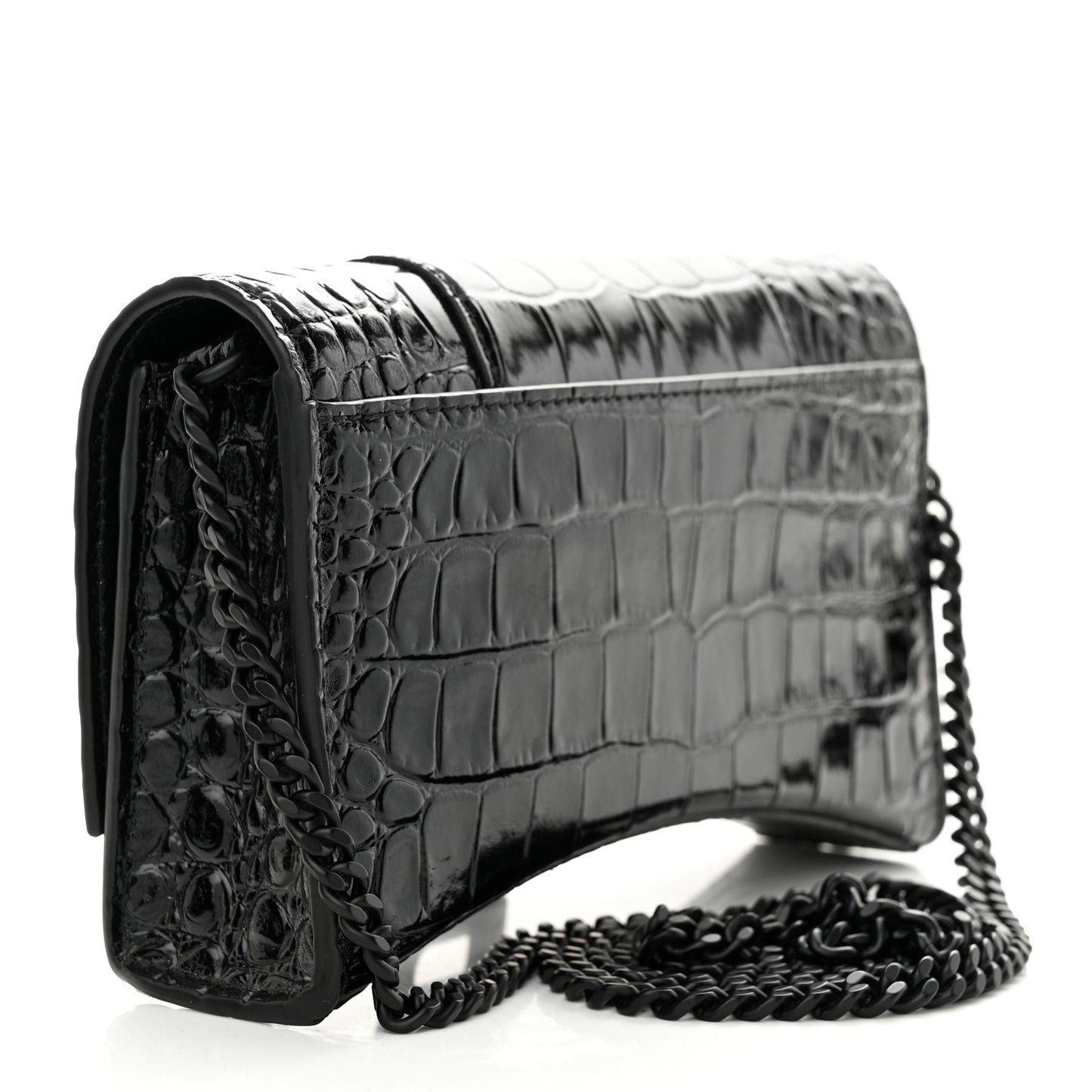 Shiny Calfskin Monochrome Crocodile Embossed Hourglass Chain Bag Black