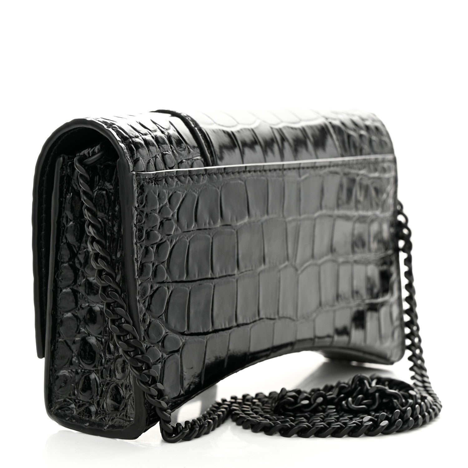 Balenciaga Shiny Calfskin Monochrome Crocodile Embossed Hourglass Chain Bag Black 3 of 9