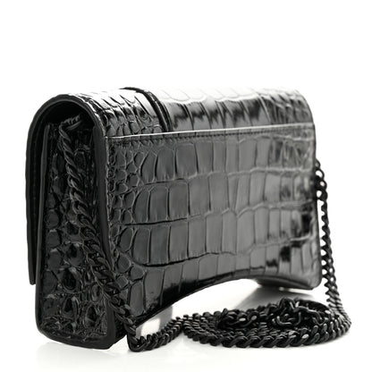 Balenciaga Shiny Calfskin Monochrome Crocodile Embossed Hourglass Chain Bag Black 3 of 9
