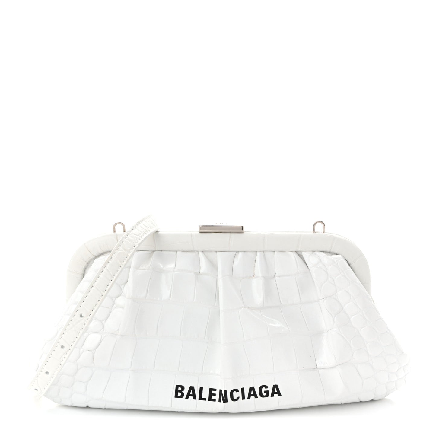 Shiny Supple Calfskin Logo Crocodile Embossed Cloud Clutch XS White