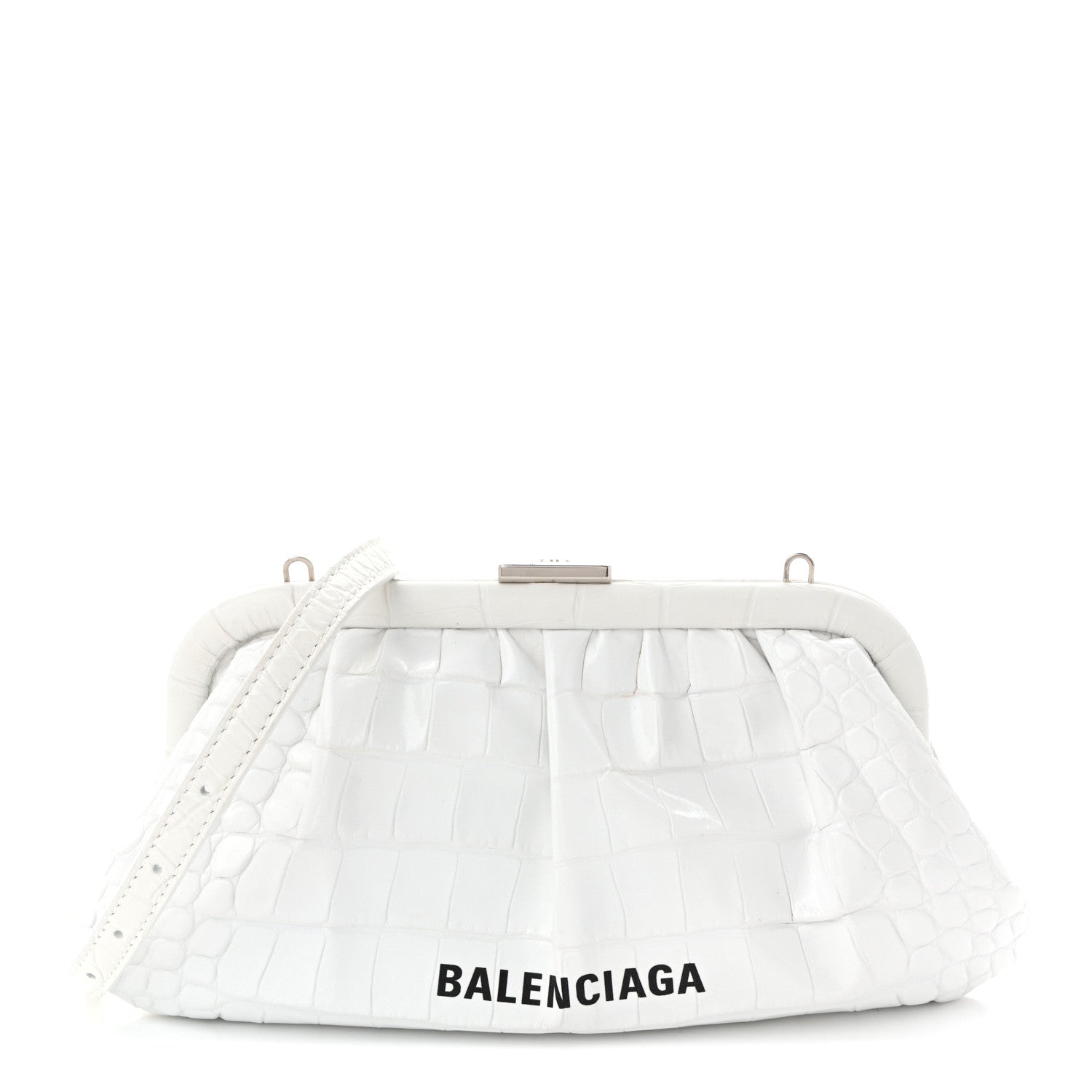 Balenciaga Shiny Supple Calfskin Logo Crocodile Embossed Cloud Clutch XS White 1 of 11