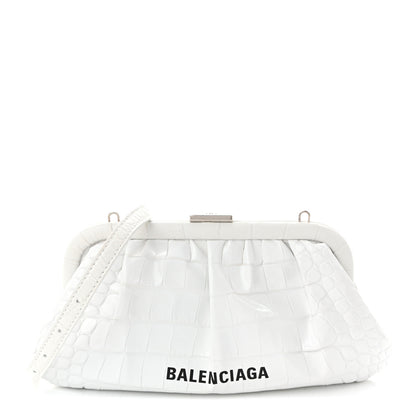 Balenciaga Shiny Supple Calfskin Logo Crocodile Embossed Cloud Clutch XS White 1 of 11