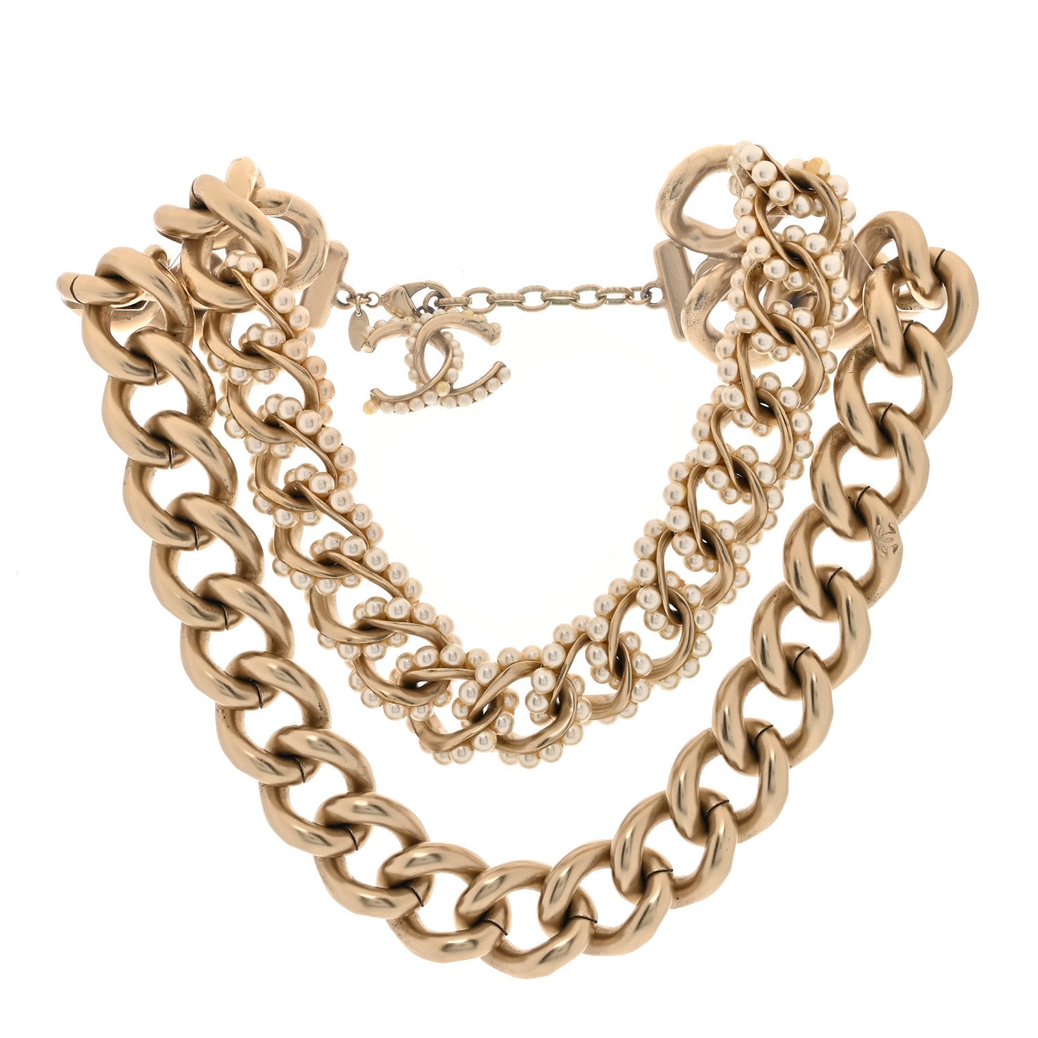 Chanel Chain Link Pearl Choker Necklace Gold 1 of 5