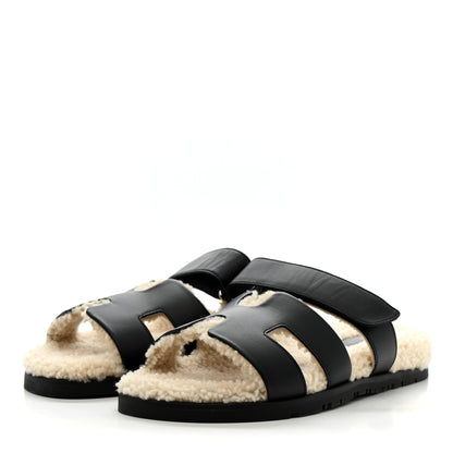 Hermes Calfskin Woolskin Womens Chypre Sandals 39 Black Ecru 4 of 9