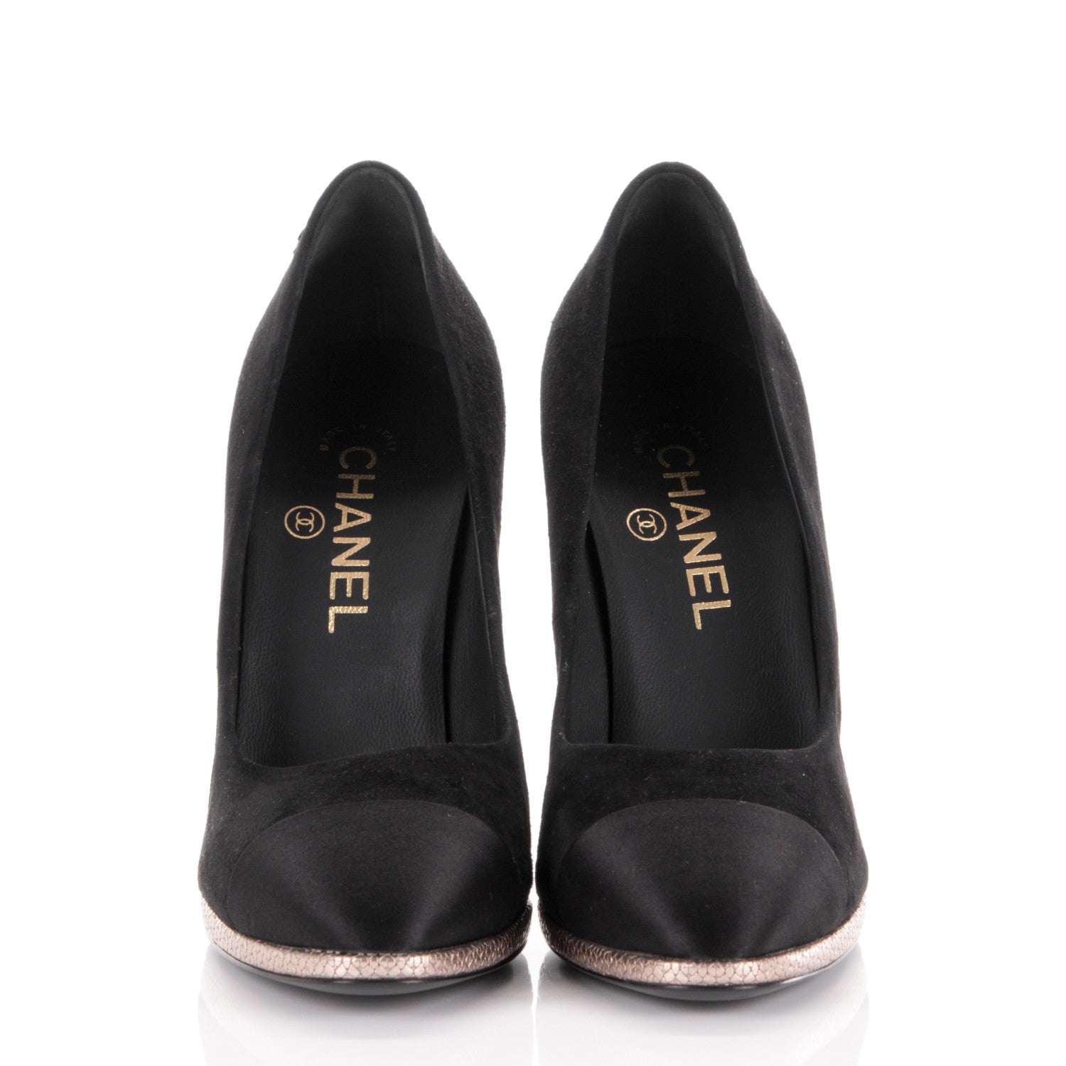 Chanel Suede Calfskin Satin Cap Toe CC Pumps 38 Black 2 of 8