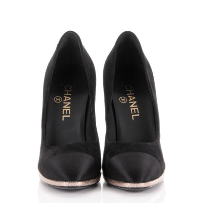 Chanel Suede Calfskin Satin Cap Toe CC Pumps 38 Black 2 of 8