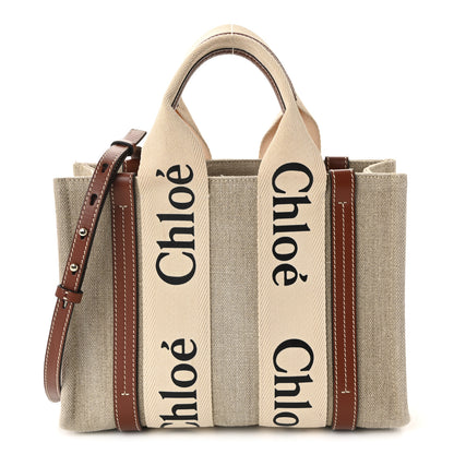 Chloe Cotton Calfskin Small Woody Ribbon Tote With Strap White Brown 1 of 9