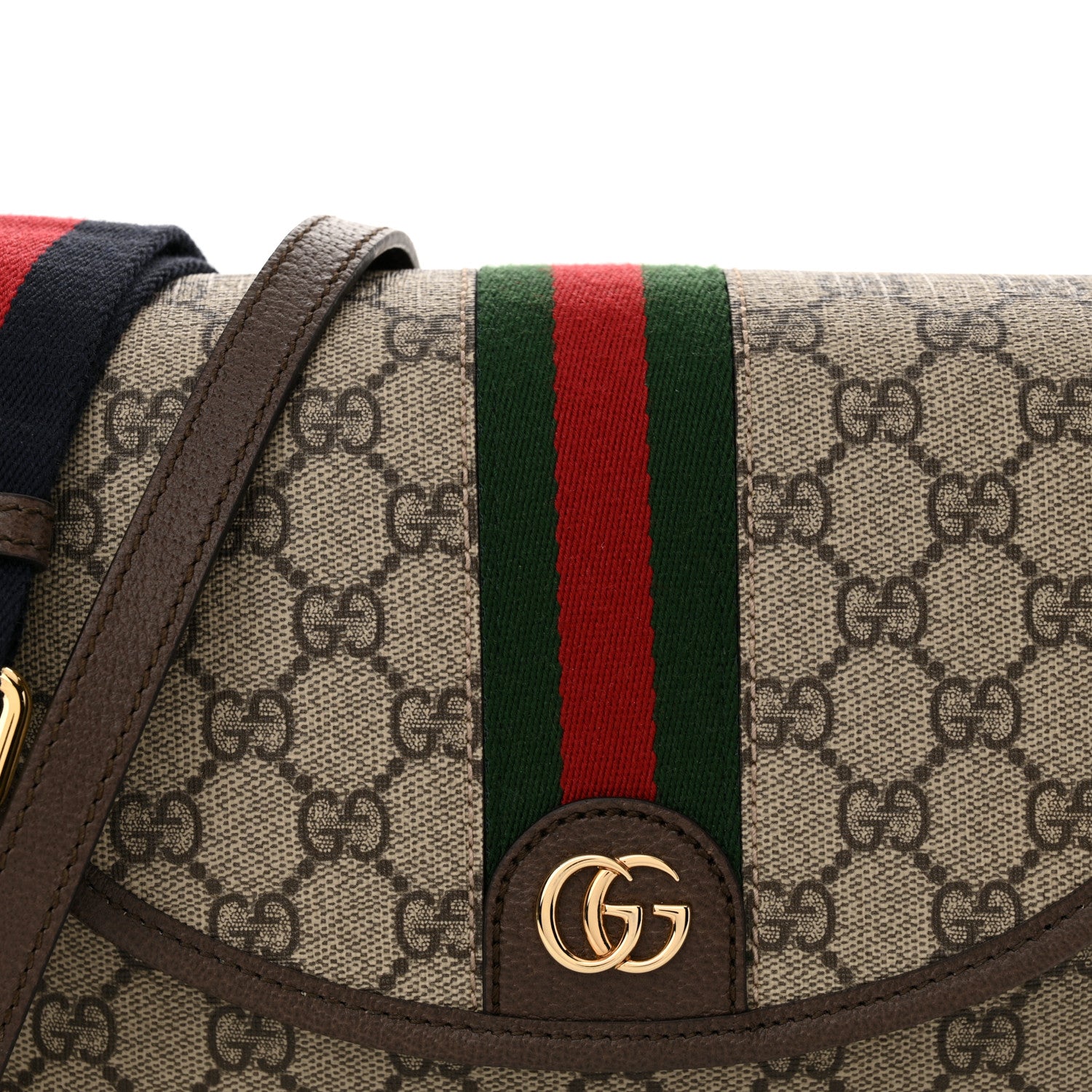 Gucci GG Supreme Monogram Textured Dollar Calfskin Web Studded Mini Ophidia Flap Shoulder Bag  Beige Ebony New Acero 7 of 9