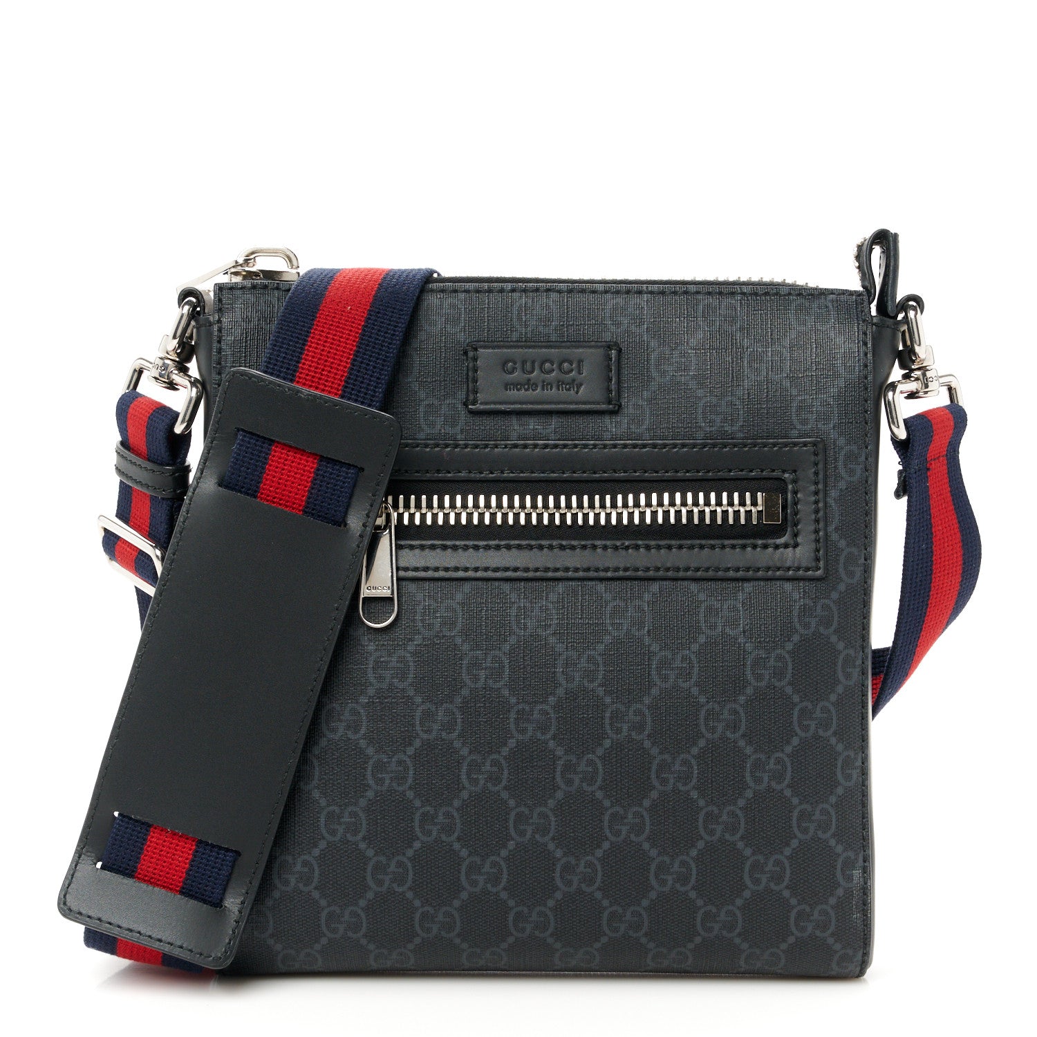 Gucci GG Supreme Monogram Web Small Flat Messenger Bag Black Grey 1 of 12