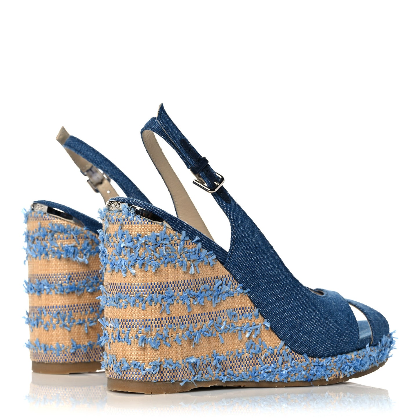 Denim Fringed Raffia Almer 105 Wedge Sandals 37.5 Navy