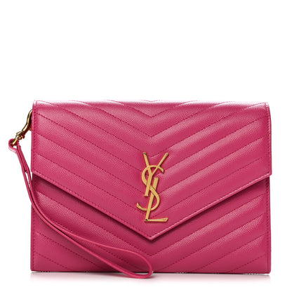 Saint Laurent Grain De Poudre Matelasse Chevron Monogram Envelope Clutch Fresh Fuxia 1 of 9