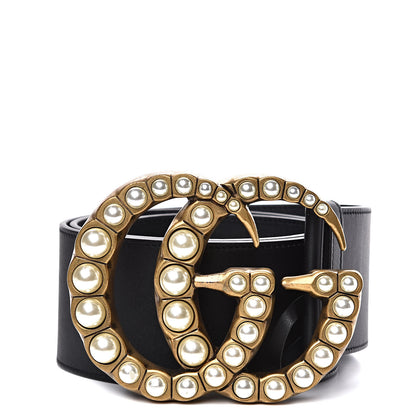 Gucci Moon Calfskin Pearl Double G 70mm Belt 90 36 Black Cream 1 of 6