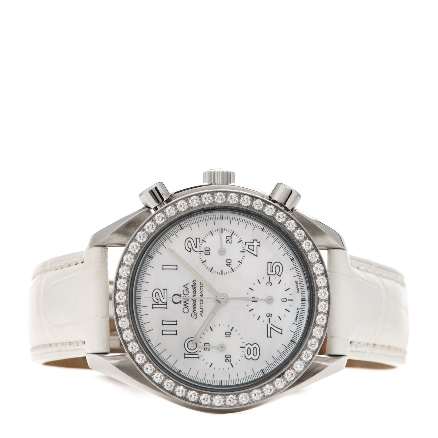 Stainless Steel Alligator Diamond Bezel Mother of Pearl 38mm Speedmaster Chronograph Automatic Watch 3815.70.36
