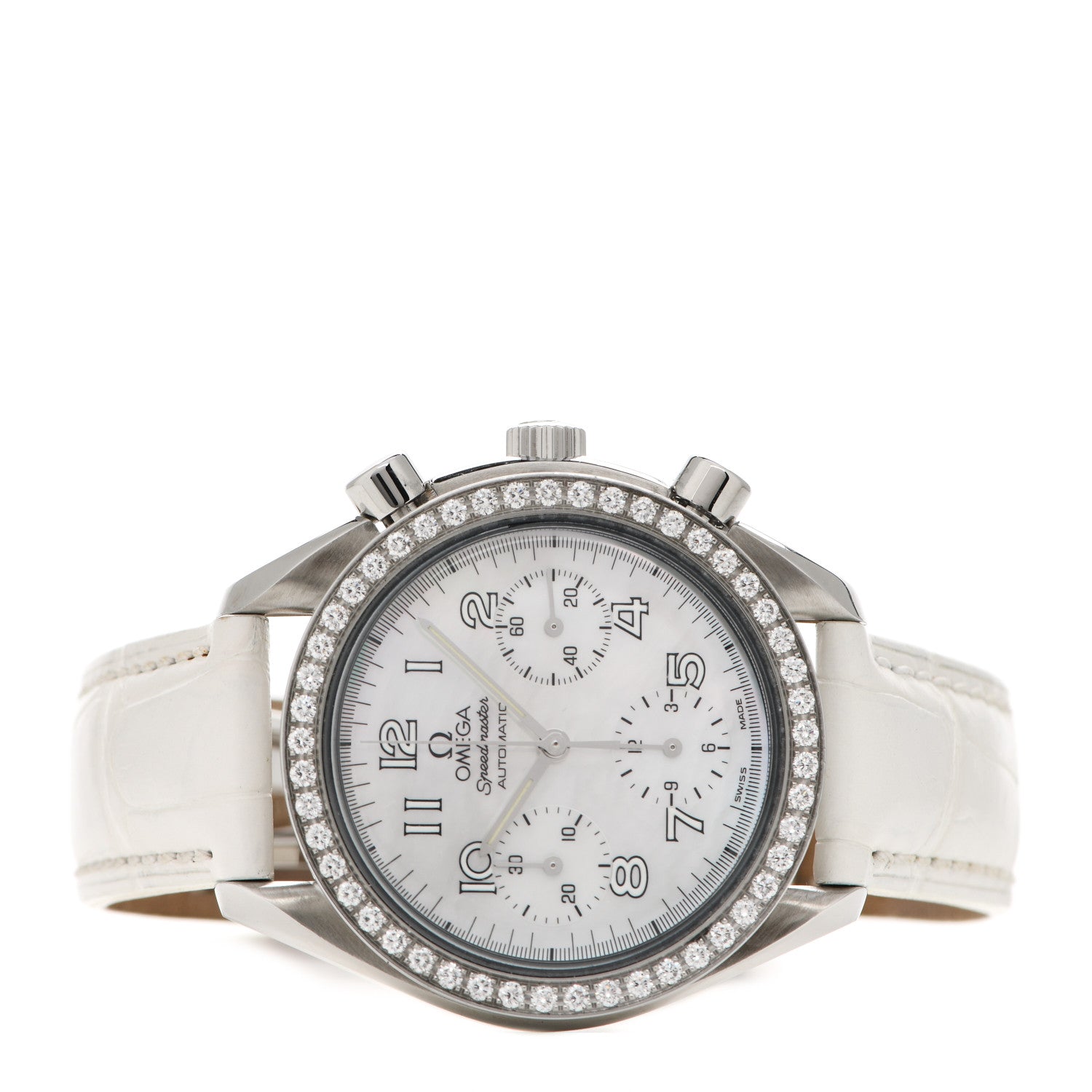 Omega Stainless Steel Alligator Diamond Bezel Mother of Pearl 38mm Speedmaster Chronograph Automatic Watch 3815.70.36 2 of 5