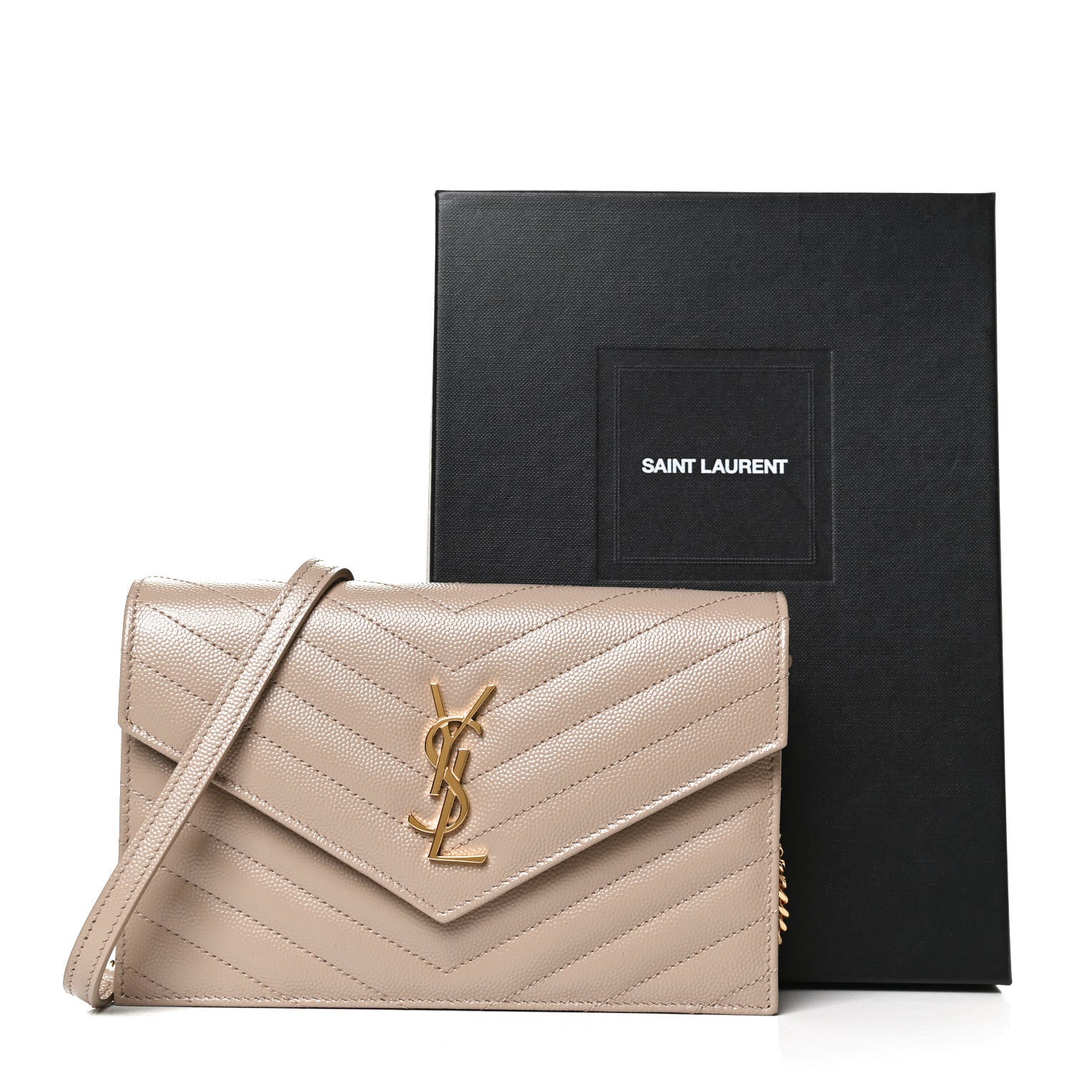 Saint Laurent Grain De Poudre Matelasse Chevron Monogram Envelope Chain Wallet Taupe 10 of 10