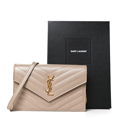 Saint Laurent Grain De Poudre Matelasse Chevron Monogram Envelope Chain Wallet Taupe 10 of 10