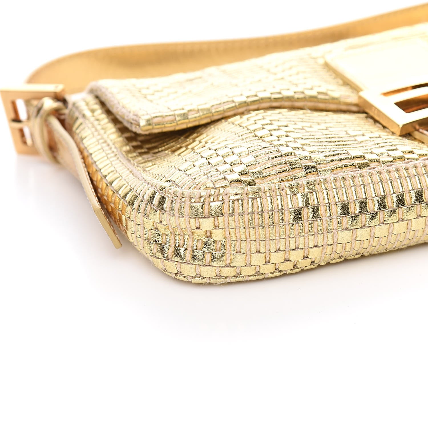 Fendi Canvas Metallic Calfskin Woven FF Baguette Gold 8 of 14
