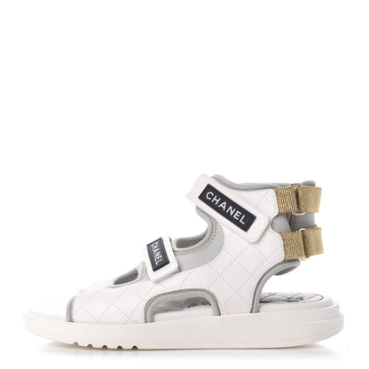 Chanel Goatskin Fabric Gladiator Sandals 39 White Light Grey Navy Blue 1 of 9