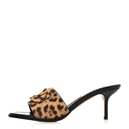 Valentino Garavani Calf Hair Leopard Print VLogo 65mm Slide Sandals 38 Black 1 of 9