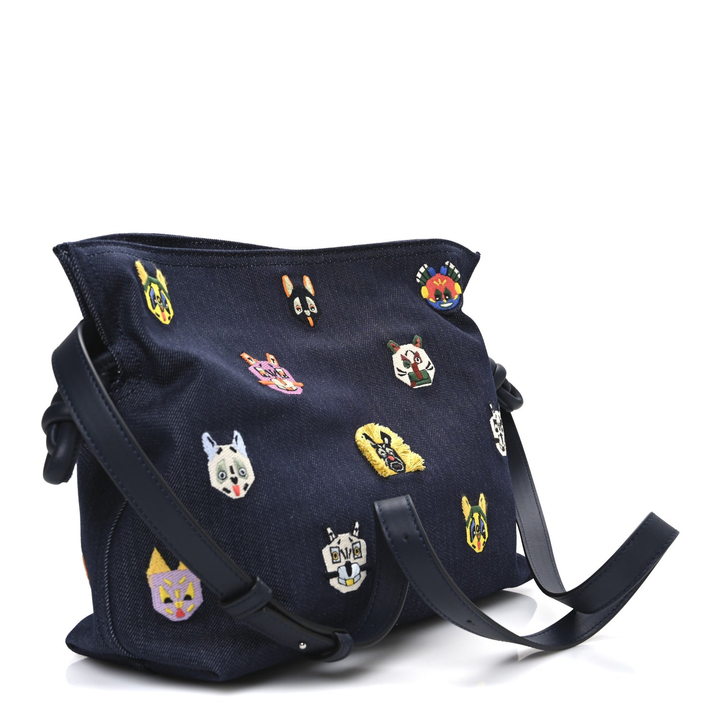 X Louis Wain Denim Embroidered Futurist Cats Medium Flamenco Knot Clutch Blue