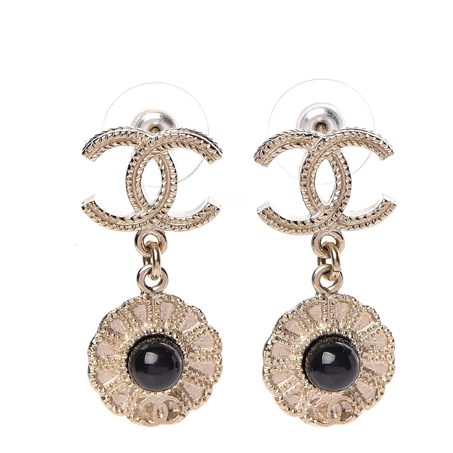 Chanel Bead Camelia CC Drop Earrings Gold Black 1 of 5