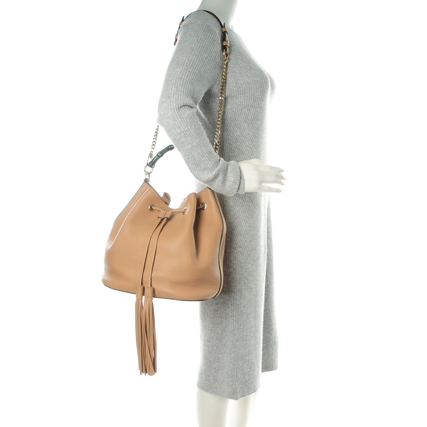 Pebbled Calfskin Miss Bamboo Bucket Bag Camelia