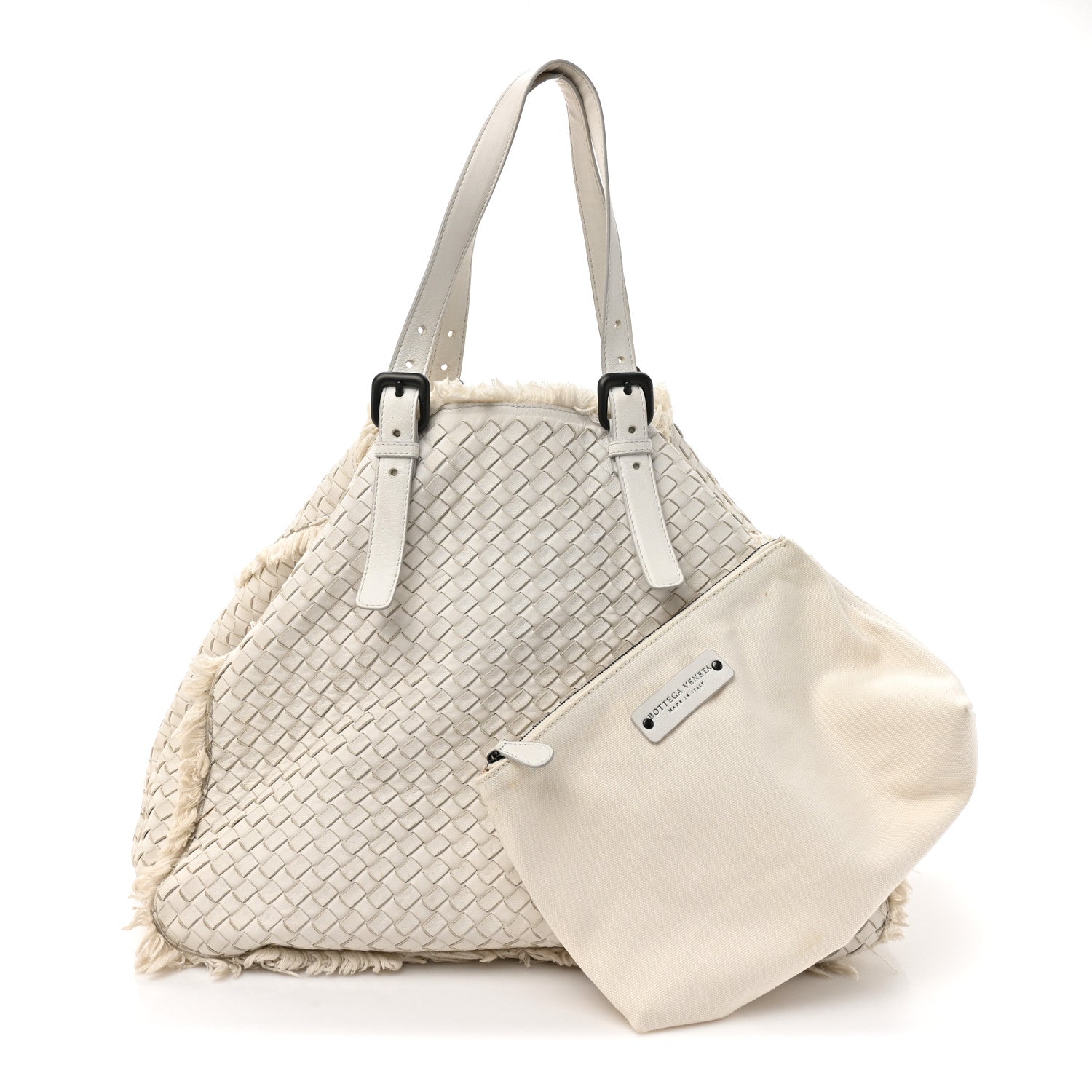 Bottega Veneta Nappa Intrecciato Canvas Fringe Maltinto Tote White 3 of 18