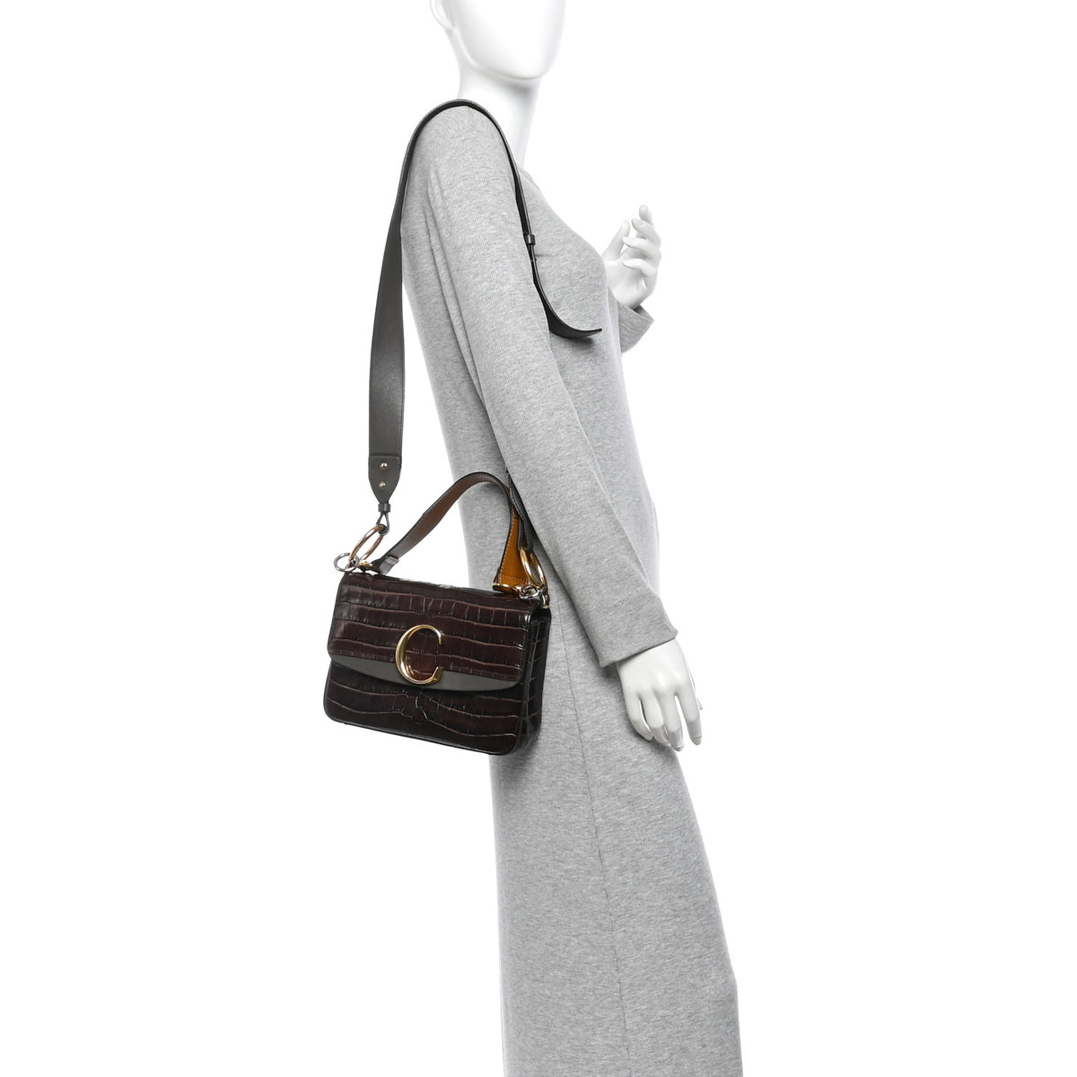 Chloe Calfskin Crocodile Embossed Small C Double Carry Profound Brown 2 of 15