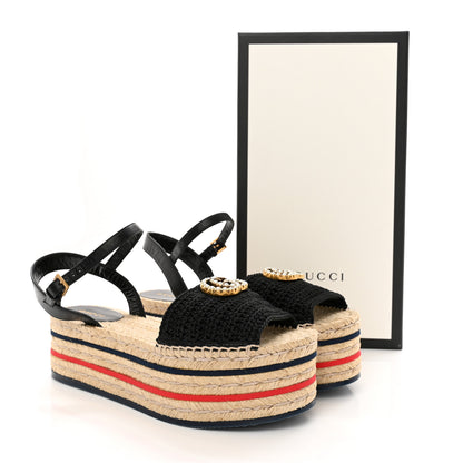 Gucci Cotton Malaga Kid Crochet Pearly GG Lilibeth Espadrille Platform Sandals 37.5 Black 2 of 14