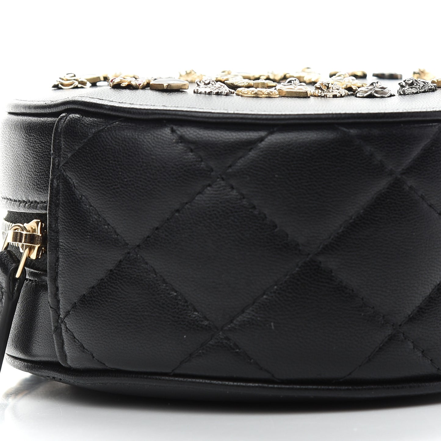 Lambskin Quilted Lucky Charms CC Round Clutch With Chain Black