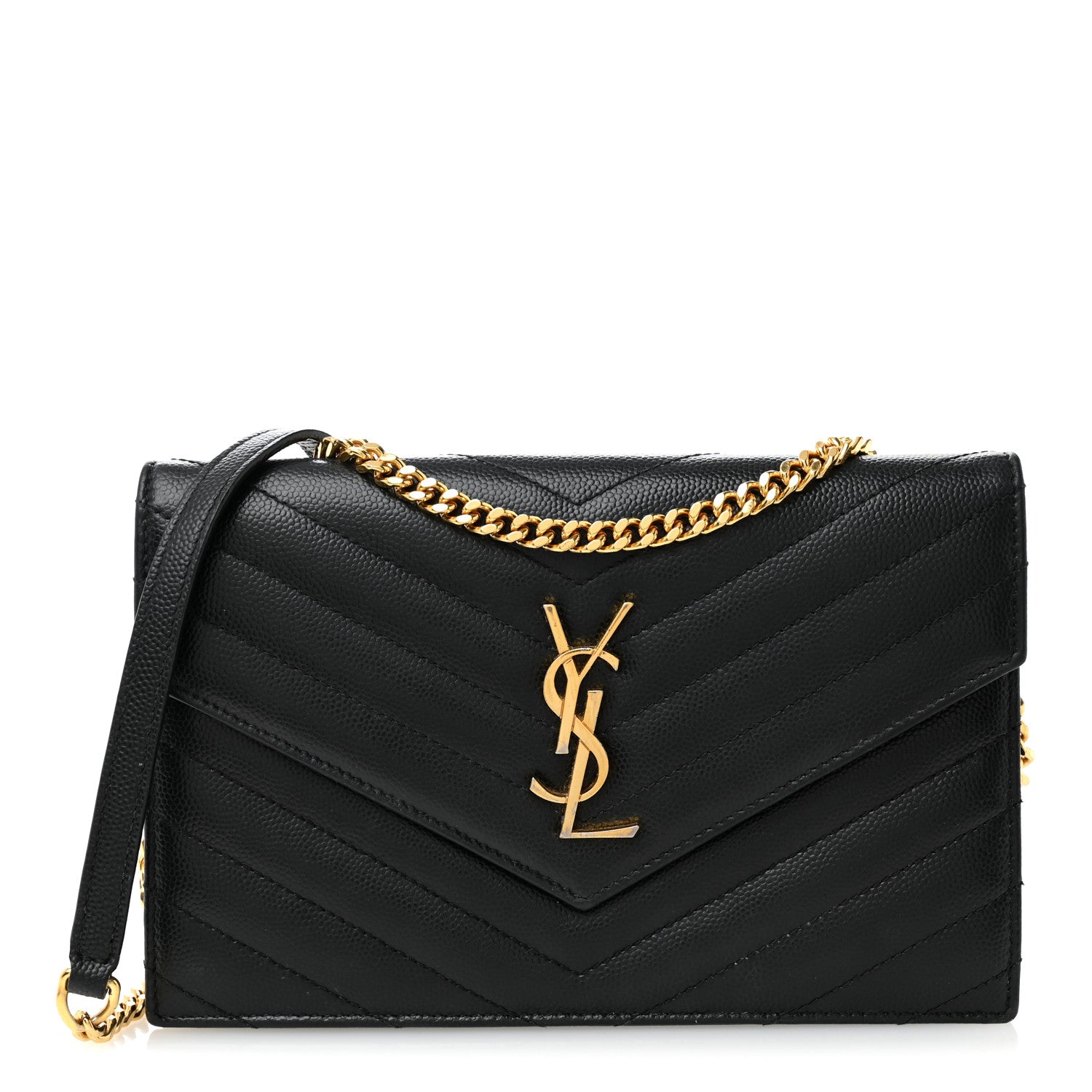 Saint Laurent Grain De Poudre Matelasse Chevron Monogram Envelope Chain Wallet Black 1 of 13