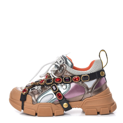 Gucci X SEGA Metallic Calfskin Mesh Removable Crystals Womens Flashtrek Sneakers 38 Rame Mystic White Lago 1 of 11
