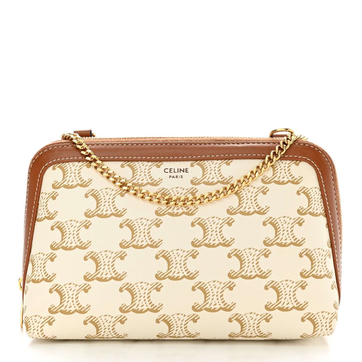 Celine Lambskin Triomphe Canvas Clutch With Chain White Tan 1 of 10