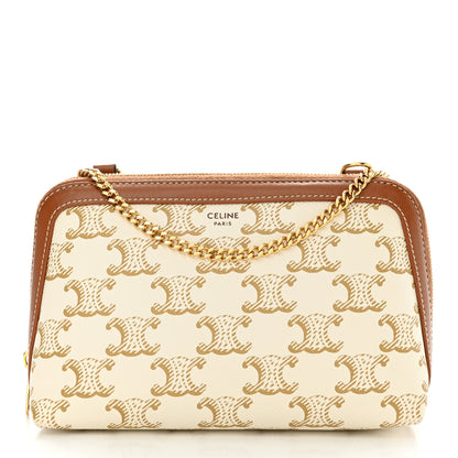 Celine Lambskin Triomphe Canvas Clutch With Chain White Tan 1 of 10