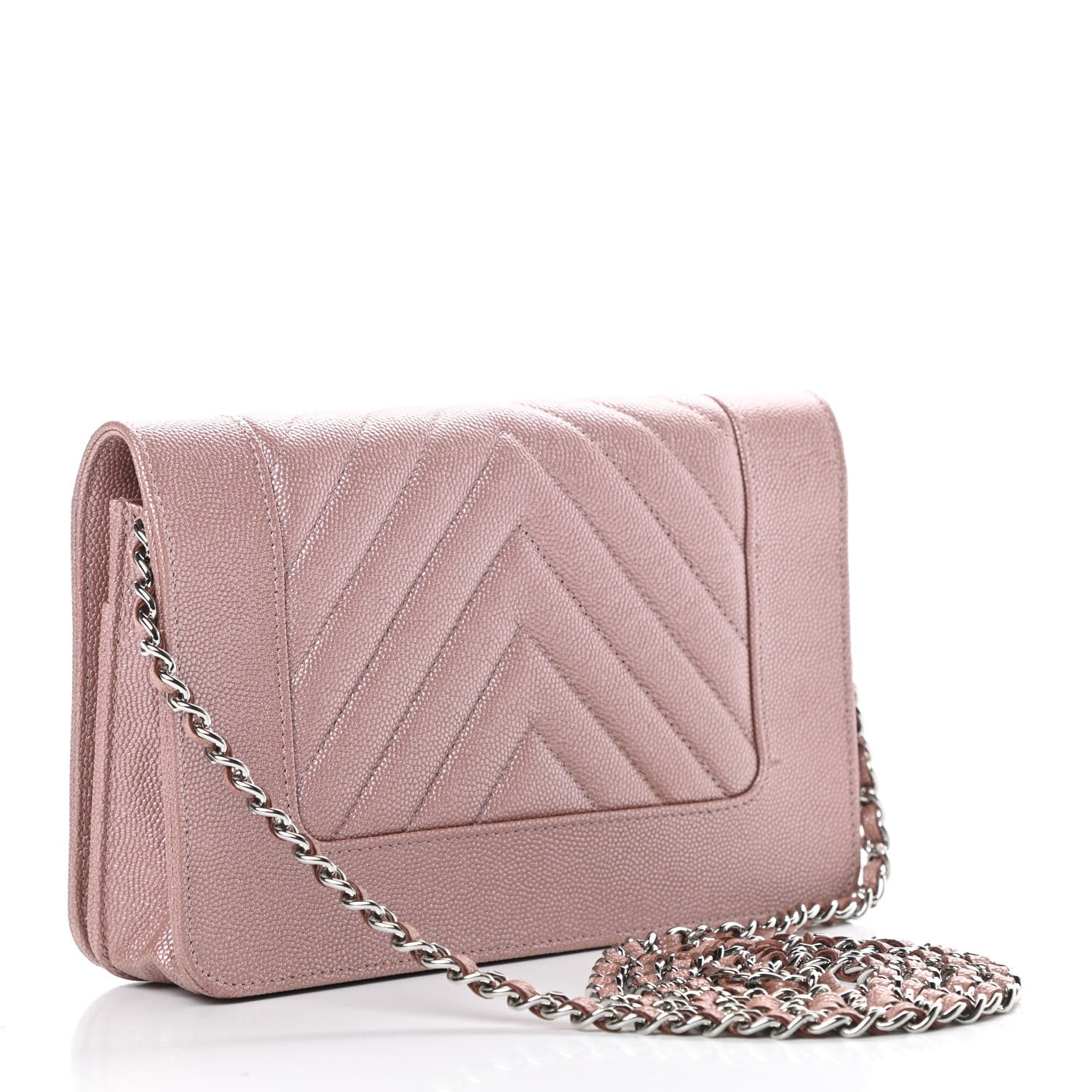 Chanel Metallic Caviar Chevron Quilted Vintage Mademoiselle Wallet On Chain WOC Pink 3 of 12