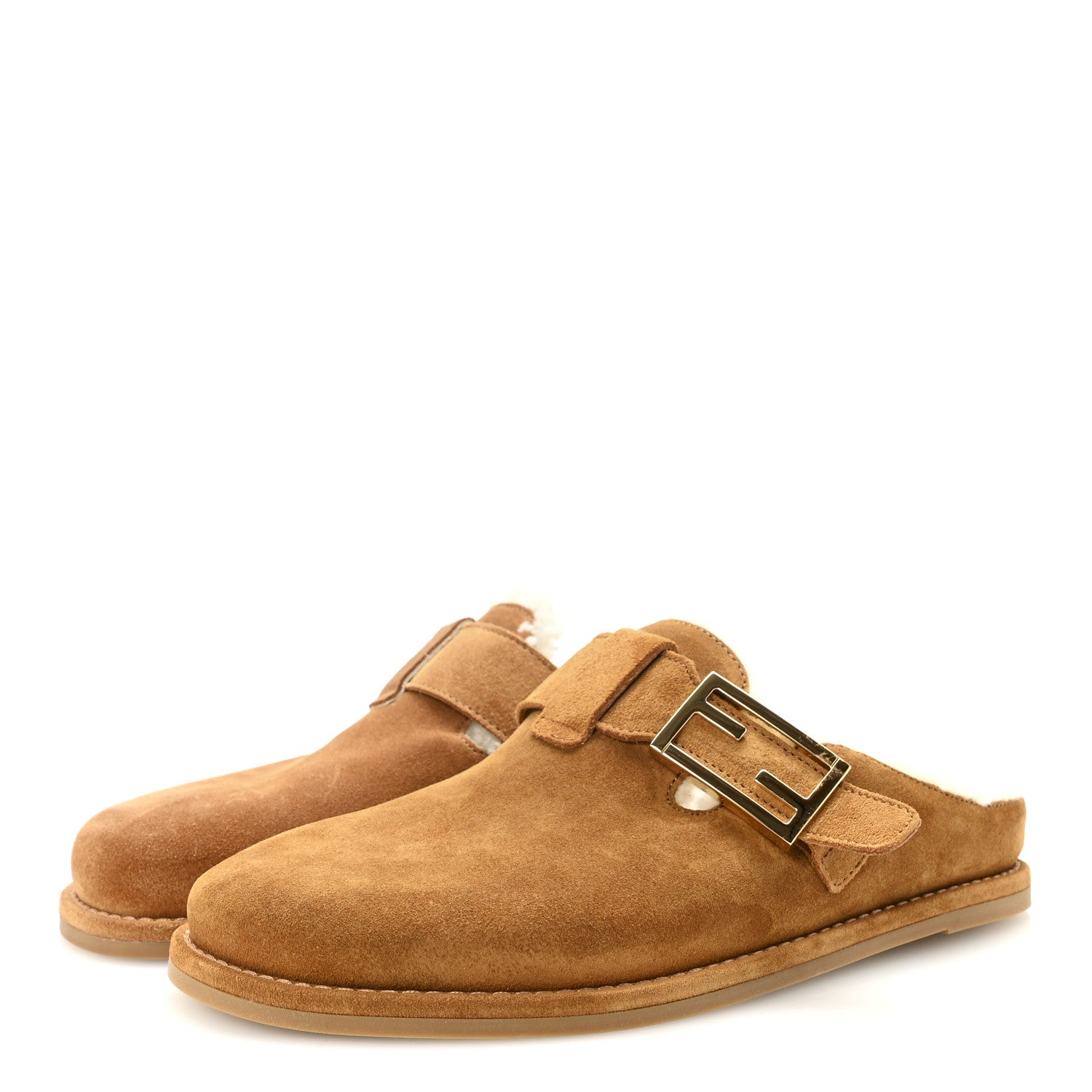 Fendi Suede Shearling Fendi Feel Buckled Clogs 37 Caramello Latte