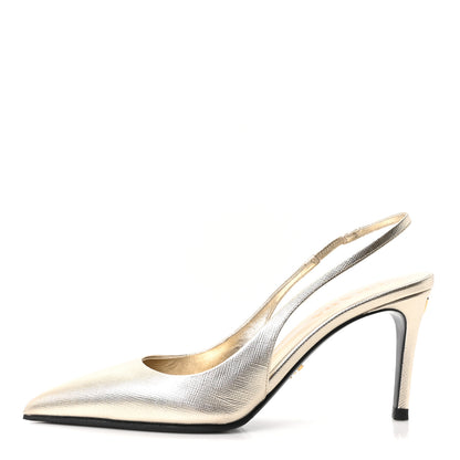 Prada Metallic Calfskin Metal Triangle Logo 85mm Slingback Pumps 35 Platino 1 of 9