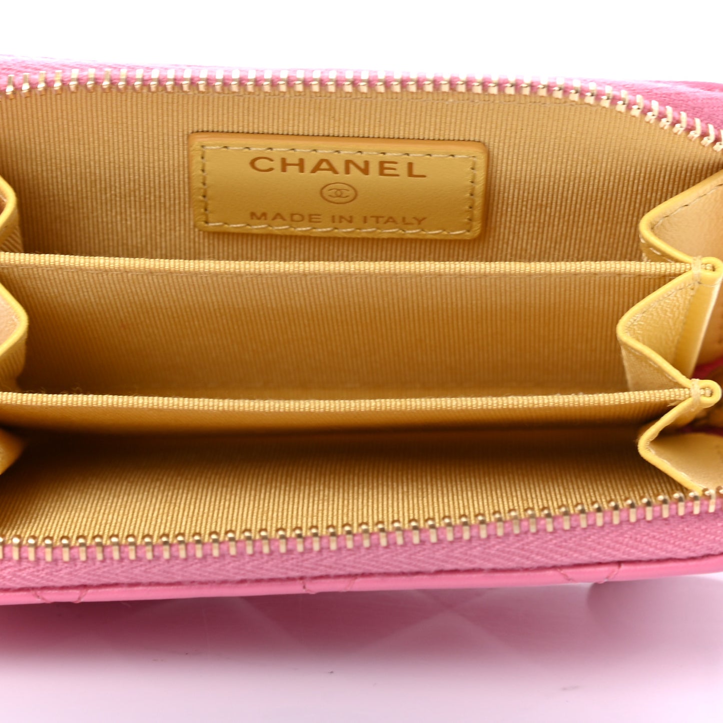 Lambskin Quilted Zip Around Coin Purse Wallet Pink Yellow
