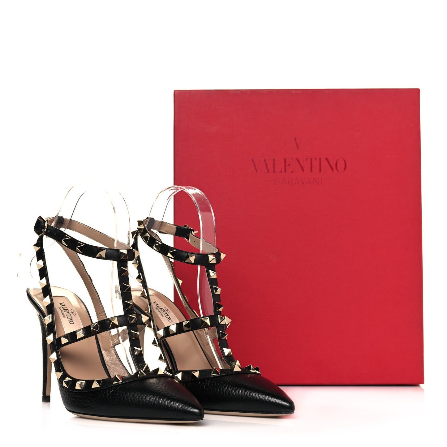 Pebbled Calfskin Rockstud Ankle Strap Pumps 37.5 Black