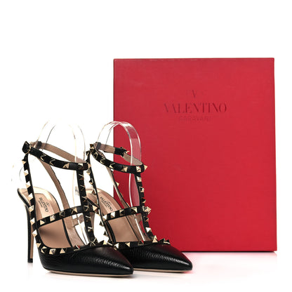 Valentino Garavani Pebbled Calfskin Rockstud Ankle Strap Pumps 37.5 Black 8 of 8
