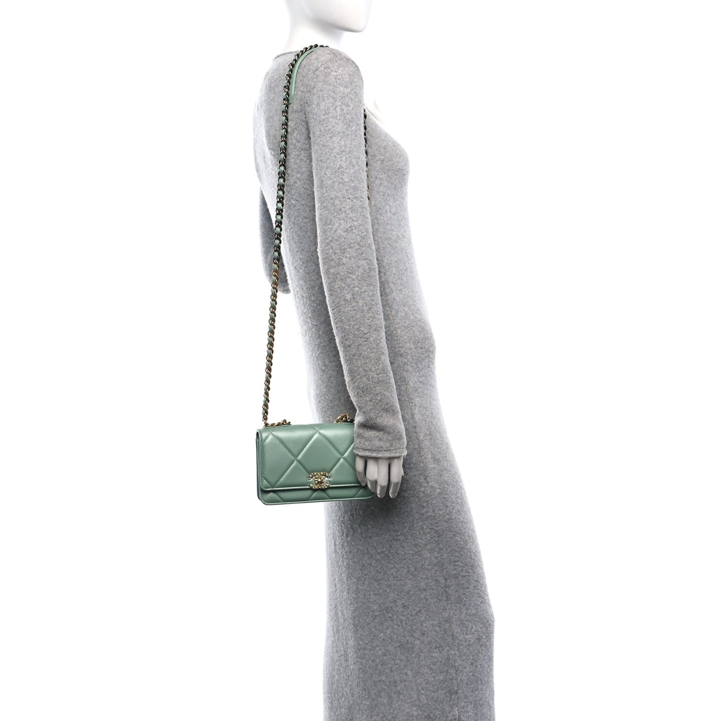 Shiny Lambskin Quilted Chanel 19 Wallet On Chain WOC Light Green