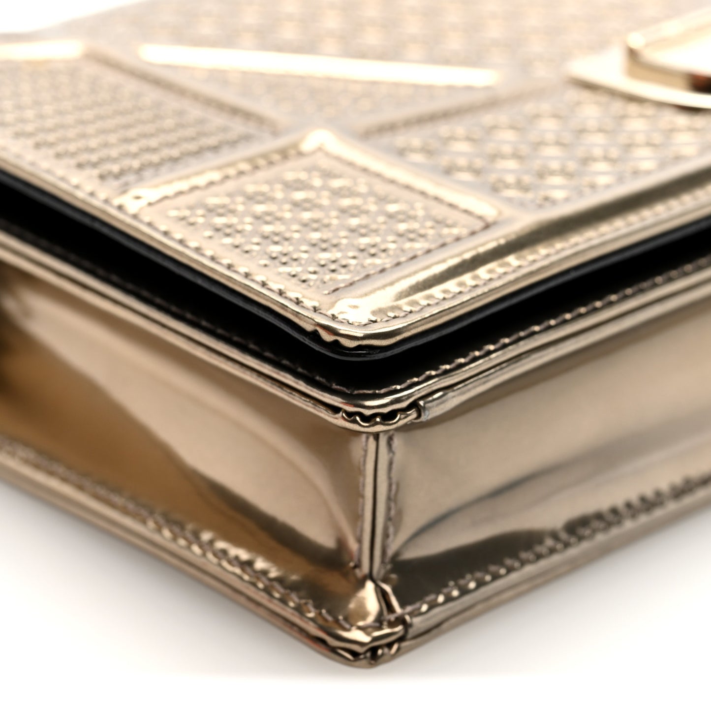Metallic Patent Micro-Cannage Diorama Wallet on Chain Pouch Gold