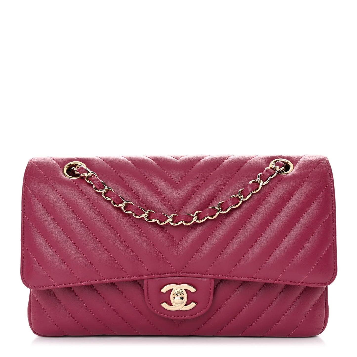 Lambskin Chevron Quilted Medium Double Flap Dark Pink